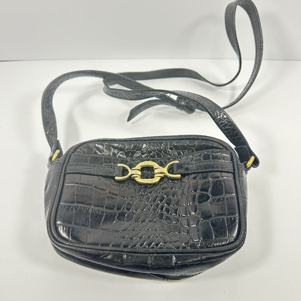 90s Portfino Collection by Austin Designs Black Leather Croc Horsebit Crossbody